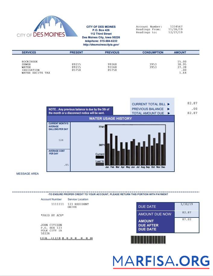 Downloadable USA Iowa City of Des Moines water utility bill template in Word and PDF format